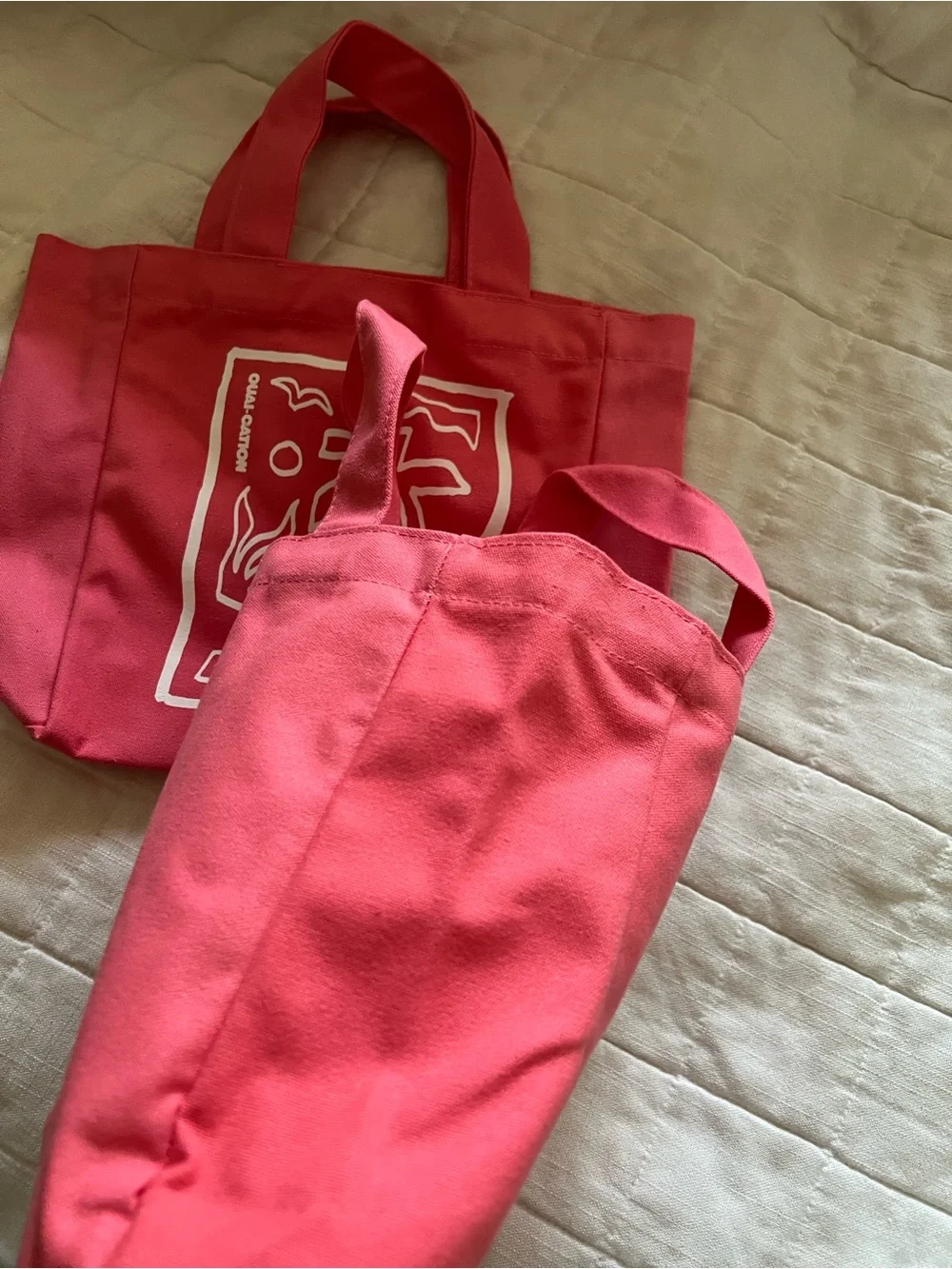 Canvas Tote Bag with Tropical Print - Pink Set of 2